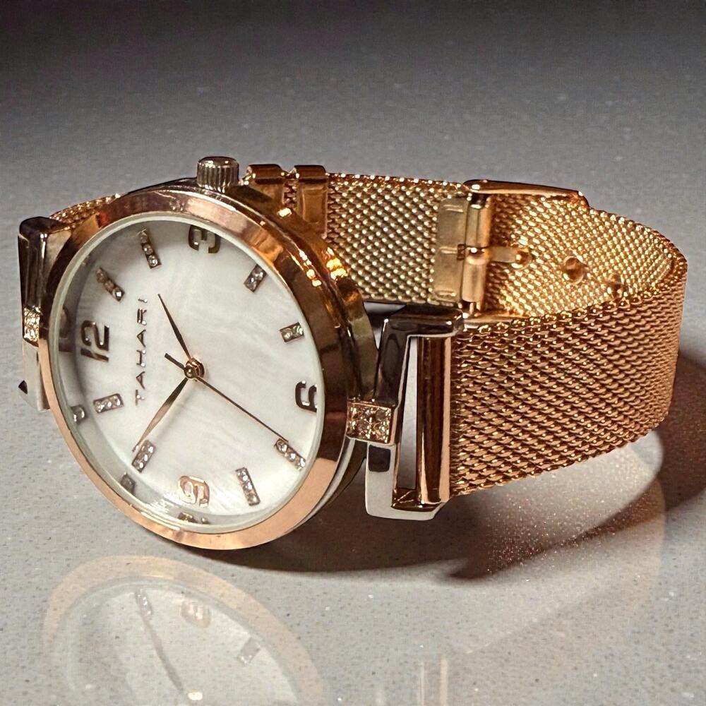 Tahari Watch Womens Rose Gold Tone Mother of Pearl Mesh Bracelet Quartz WORKS